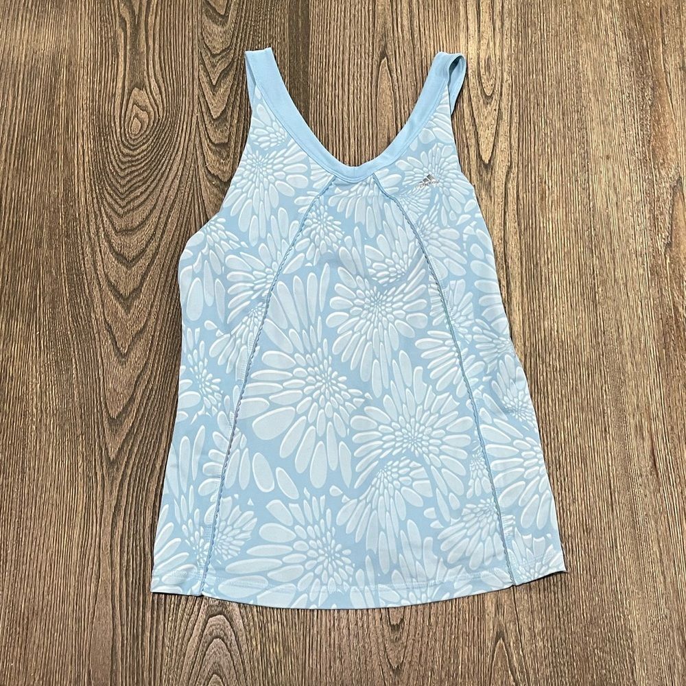Adidas Floral Tank Top Y-Back Scoop Neck Regular Fit Light Blue Size Medium
